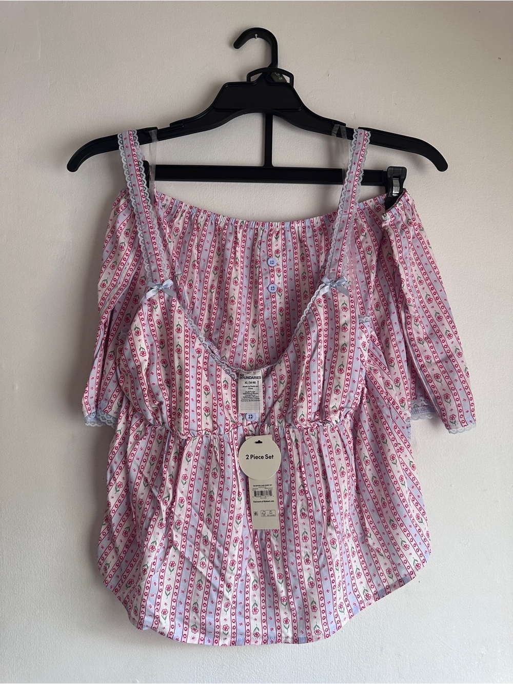 Woven Cami Pajama Set | Red Floral Stripe | Lace Trim Cami + Shorts (XL)